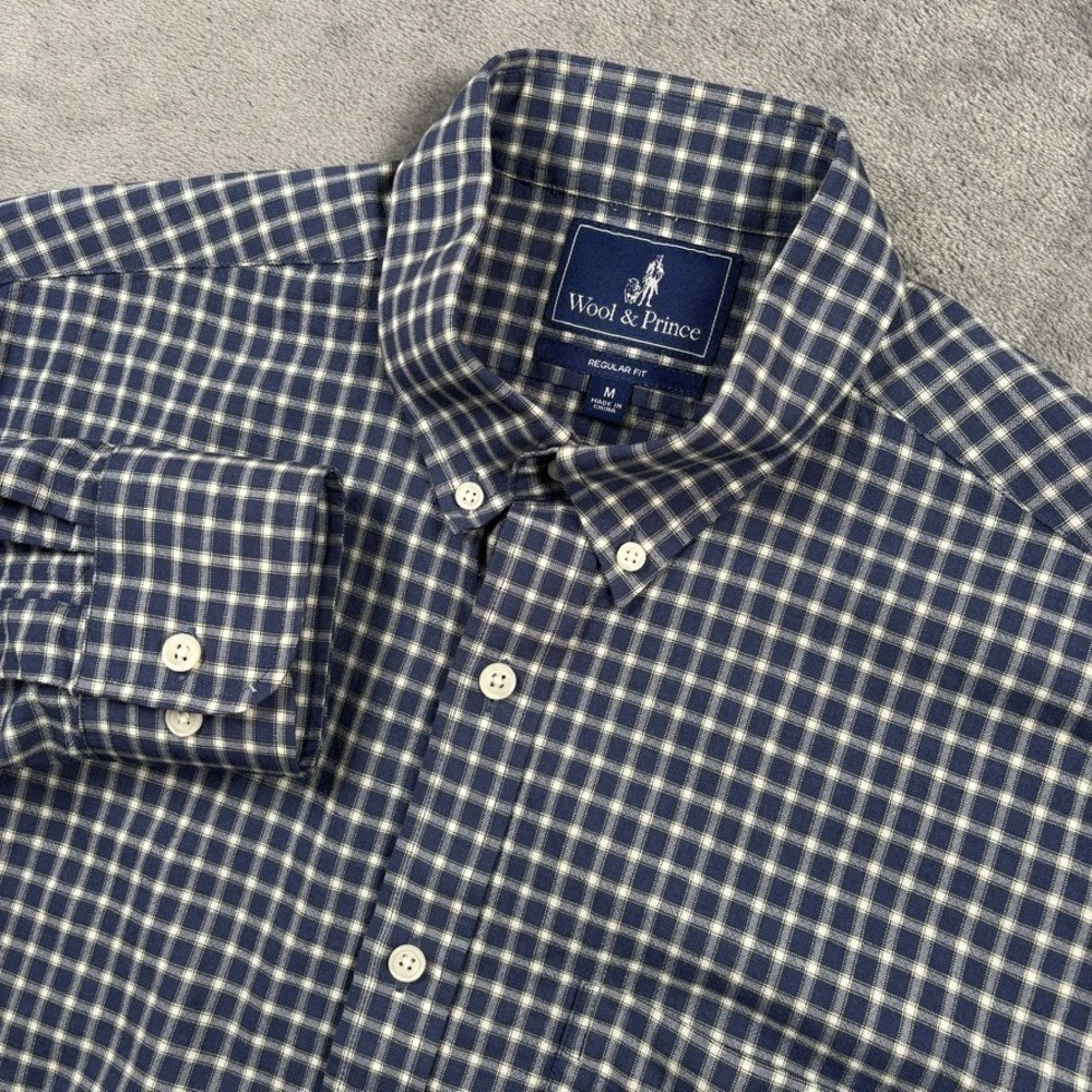Wool & Prince Shirt Mens M Blue Plaid 100% Wool Button Down Regular Fit
